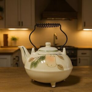 California Pottery Teapot Vintage 3 Toed Handpainted Fruit Metal Coil Handle USA